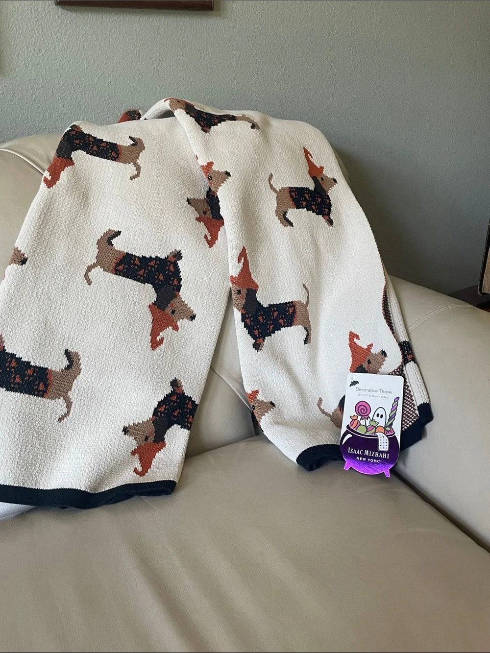 Isaac Mizrahi Cream Knit Throw with Halloween Dachshund Motif
